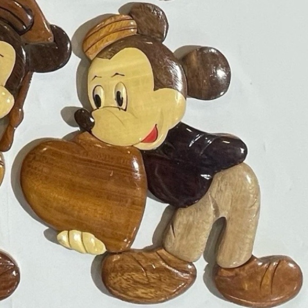 Vintage Disney Mickey Mouse Intarsia Wood Wall Art - 3D Handcrafted Inlay Plaque
